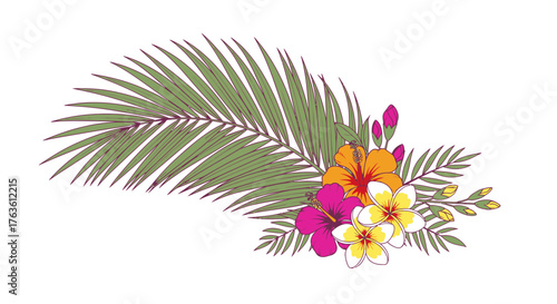 Tropical bloom composition with palm leaf, frangipani and hibiscus flowers