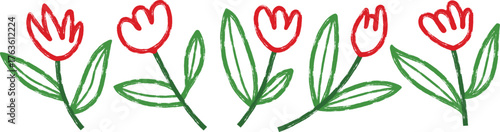 Simple hand-drawn row of five red tulips with green stems and leaves in playful, childlike style 