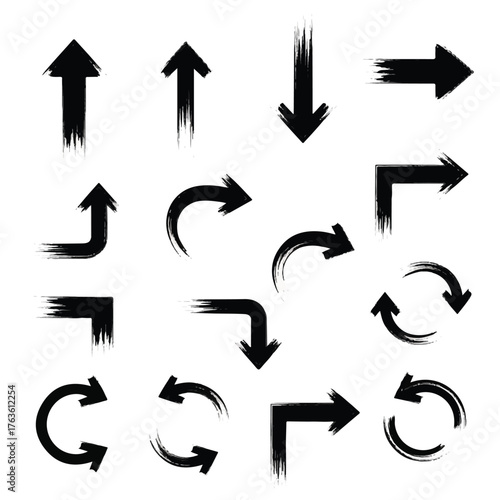 A collection of black arrows with brush strokes on a white background, pointing in various directions.