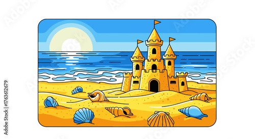 Fantasy Sandcastle on Sandy Beach with Seashells and Ocean View