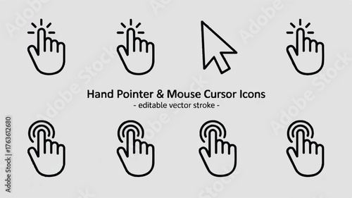 A minimalist line art illustration of hand pointer and mouse cursor icons arranged in two rows.  