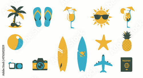 Fun Summer Holiday Vector Icons Collection of Tropical Beach Vacation Elements