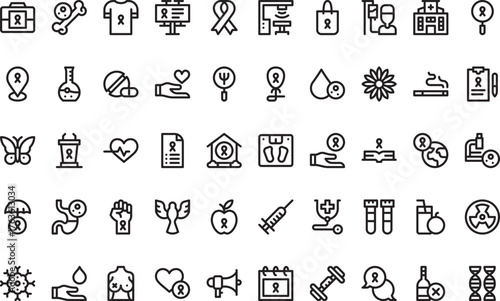 World cancer awareness day and health icons High-Quality Vector Icons Collection with Editable Stroke. Ideal for Professional and Creative Projects