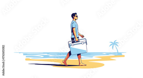 Tropical beach vacationer walking with cooler illustration