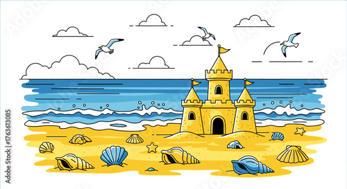 Delightful Beach Scene with Sandcastle and Flying Seagulls Illustration