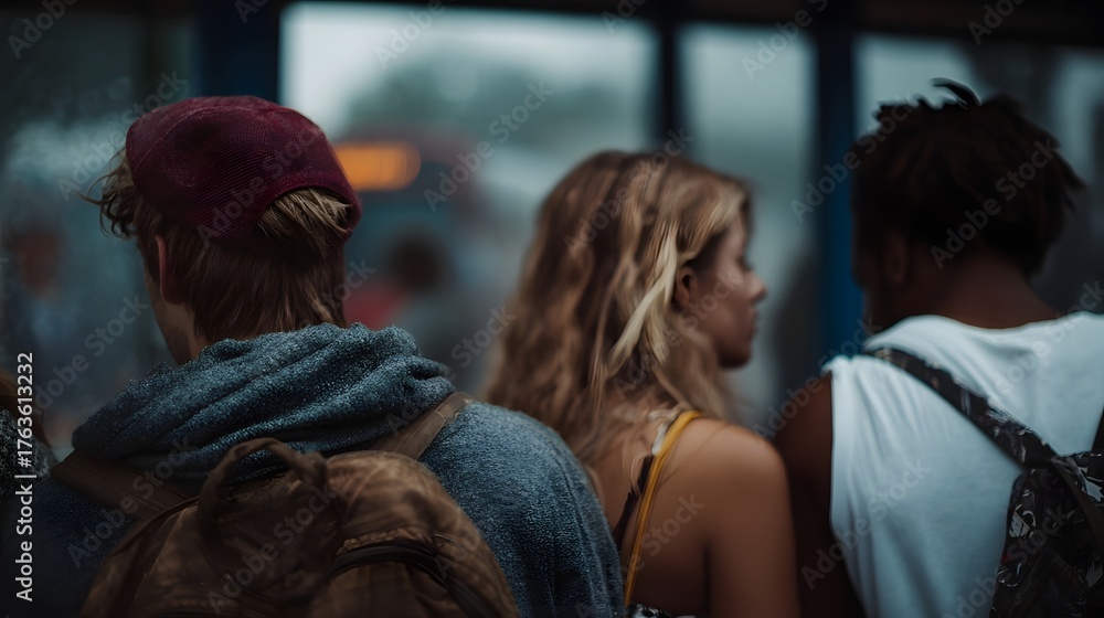 Fototapeta premium Three diverse young friends with backpacks waiting at an urban bus stop