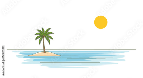 Paradise Island with Palm Tree and Sun in Tropical Water