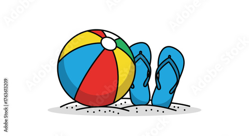 Cartoon Beach Ball and Flip-Flops on Sand Fun Design