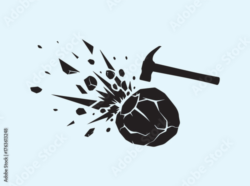 Hammer and Rock Impact Silhouette on White Background for Conceptual Design
