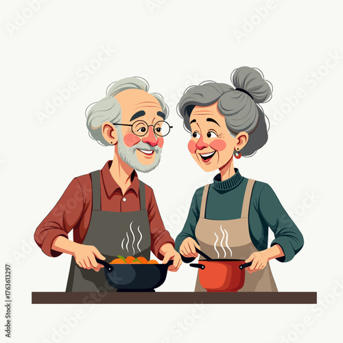 Senior couple cooking in the kitchen, happy elderly people preparing a meal together
