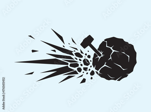 Bold Black Silhouette of Rock Fragmenting from Hammer Strike Representing Resilience
