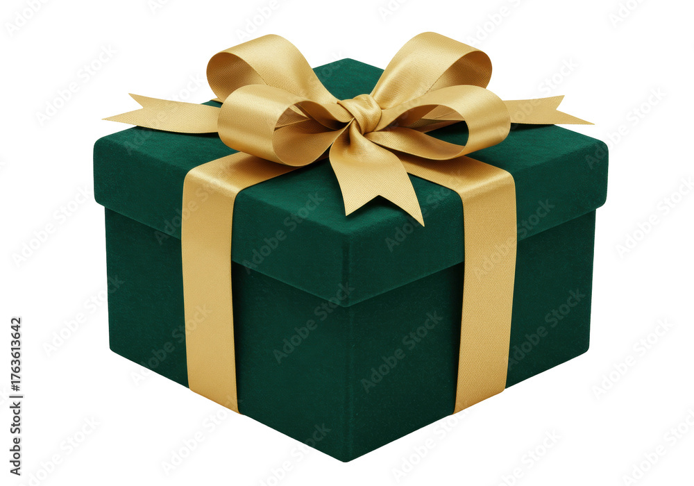Fototapeta premium Elegant emerald green gift box with golden ribbon isolated PNG, present for Christmas or birthday on transparent background