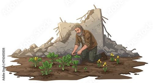 Man tending garden amidst ruins: resilience and renewal