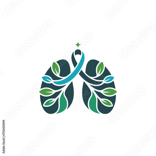 Green lungs icon, leaf shaped lobes with gentle sparkles, nature inspired breathing wellness, environmental health awareness vector