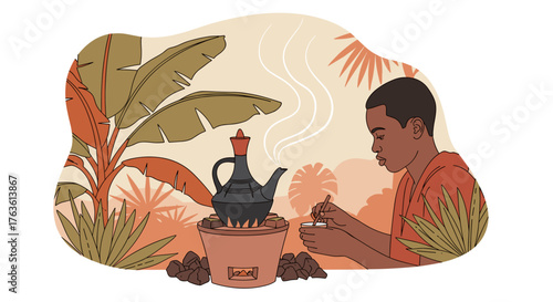 Young African man brewing coffee in a traditional African jebena over fire, perfect for cultural exhibitions and culinary events
