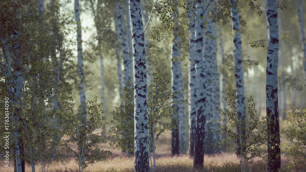 Obraz premium Tall birch trees create a tranquil setting in a lush forest. Soft sunlight filters through the leaves, casting gentle shadows on the ground. Natures beauty surrounds all who wander here.