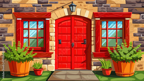 Very beautiful red wooden doors of a traditional English stone cottage, framed by textured limestone walls and two charming plant pots, evoking warmth, heritage, and countryside elegance in a timeless