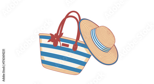 Beach Bag and Hat Summer Vacation Accessories Illustration Graphic Element