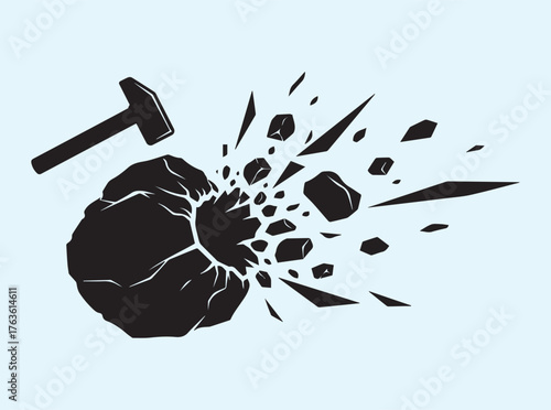 Minimal Black Silhouette of Rock Breaking Apart Representing Determination and Effort
