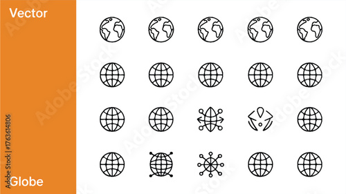 A set of 20 minimalist line art icons of globes and Earth symbols arranged in a grid format.  