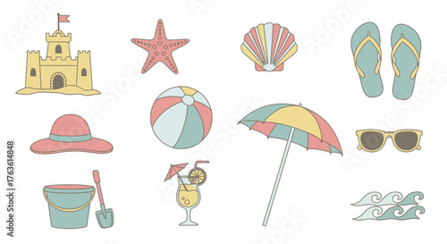 Beach themed Summer elements vector illustration on white background