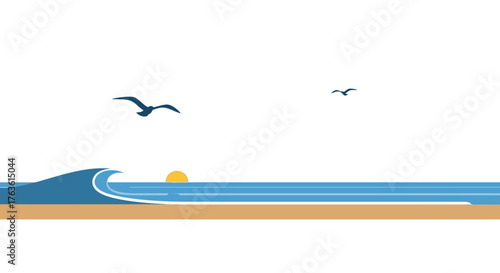 Minimalist ocean wave sunrise with flying birds vector design scene