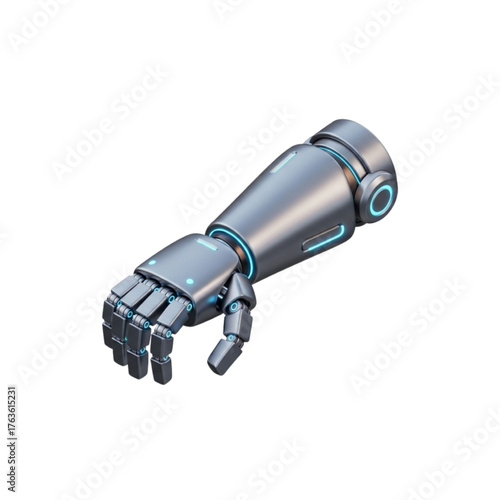 Detailed 3D rendering of a futuristic, metallic robotic arm, showcasing advanced technology and engineering in artificial intelligence and prosthetics