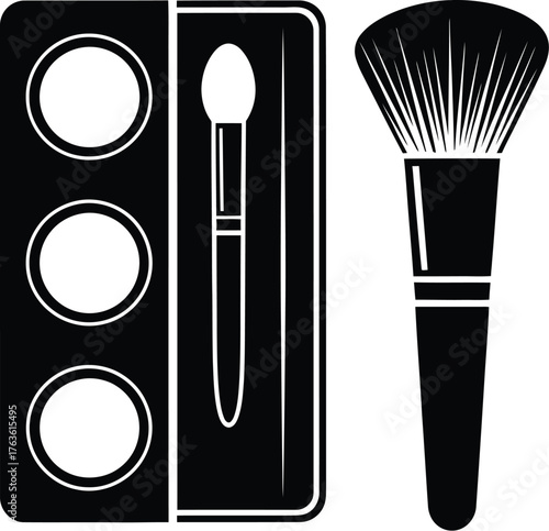 Illustration of makeup palette with brush and applicator in black