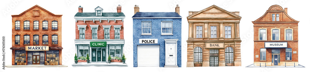 Fototapeta premium PNG Charming watercolor town buildings, element set on transparent background