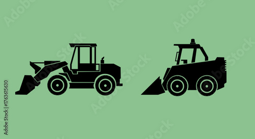 Two black silhouette construction machines with loading buckets on a soft green background, depicting excavation, earthmoving, and heavy equipment at a worksite.