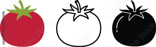 Three tomato icons in color outline and silhouette on white background