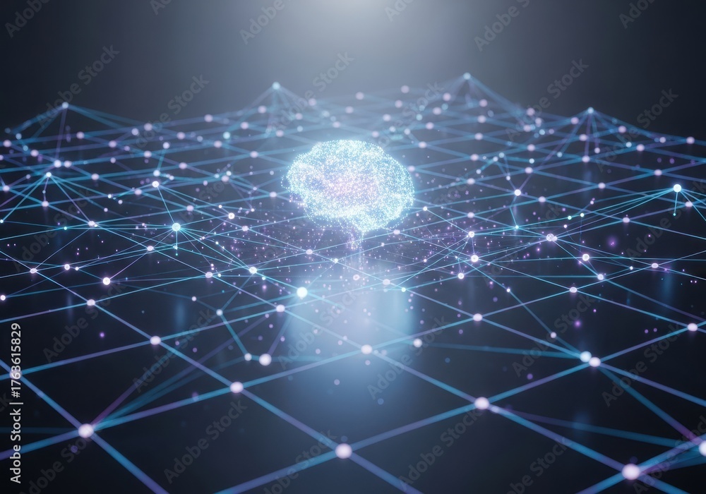 Obraz premium Abstract digital brain network with glowing nodes and connections representing artificial intelligence and data flow