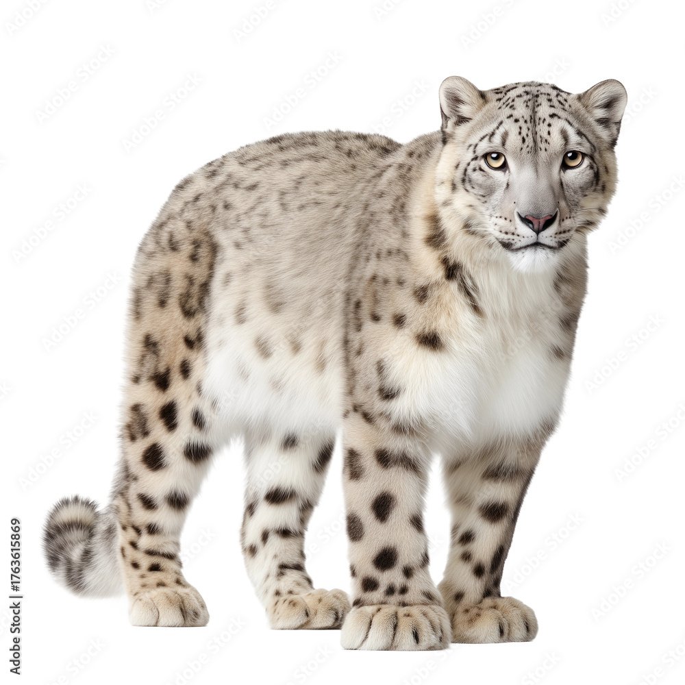Fototapeta premium Realistic Snow Leopard on White Background, png element with transparency