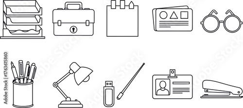 Outline illustration of various office and school related objects
