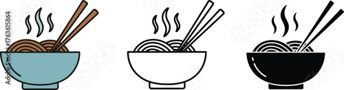 Three bowls of steaming noodles with chopsticks in different styles
