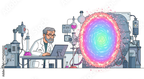Scientist observing a glowing portal in futuristic laboratory with advanced equipment