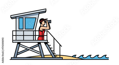 Cartoon Lifeguard on Tower with Binoculars Ocean Beach Safety