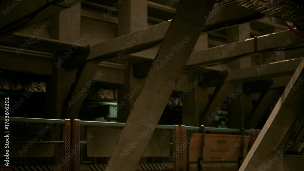 Fototapeta premium In a dimly lit industrial area, a unique blend of metal and concrete structures creates a captivating atmosphere. Shadows play across the surfaces as details emerge in the low light.
