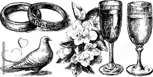 Engravings of rings, glasses, flowers, and a pigeon create a romantic theme. This antique-style vector illustration presents a sophisticated design set.