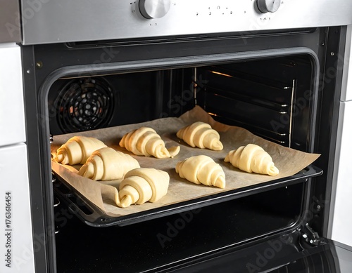 An open oven reveals a tray of uncooked, golden-brown pastry dough arranged on parchment paper ready for baking. The interior is dark