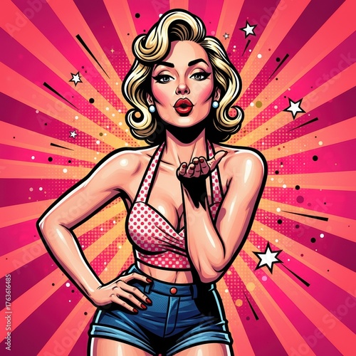 Glamorous blonde pop art woman blowing a kiss in a vibrant retro comic book style illustration