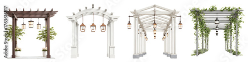 Elegant Garden Arbors with Decorative Lighting on White Background