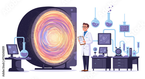 Scientist examining cosmic portal in futuristic laboratory setting