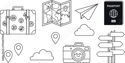 Illustrated travel icons including suitcase map passport and camera