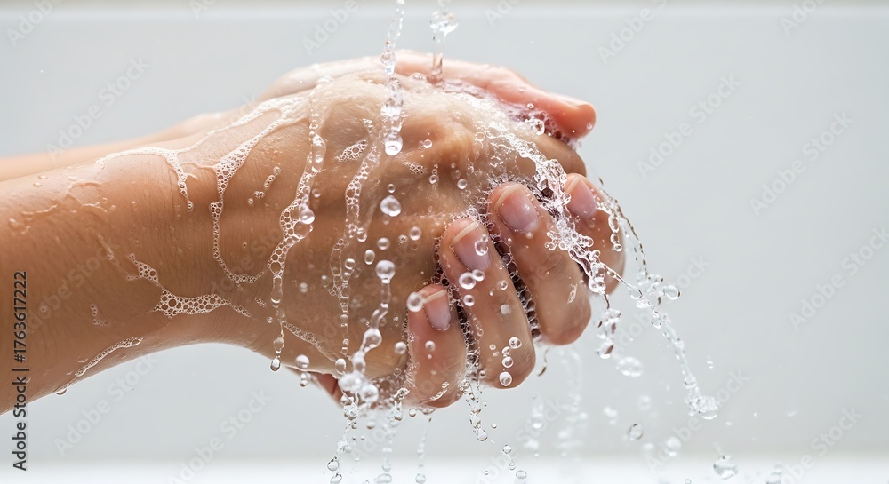 Fototapeta premium Close-up of hands being washed under running water, emphasizing hygiene, cleanliness, and freshness for a healthy lifestyle