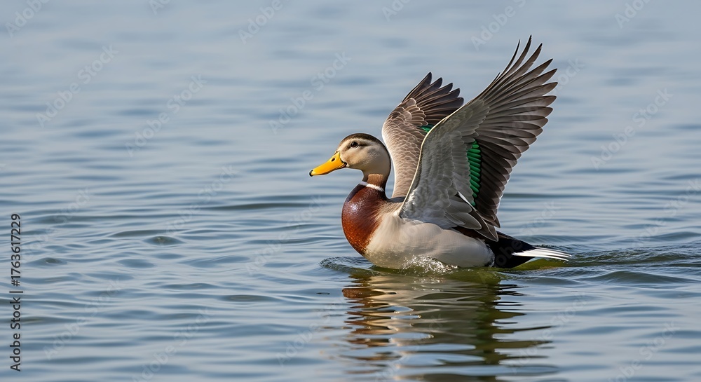 Obraz premium Mallard Duck Spreading Wings on Water Surface in Natural Habitat.