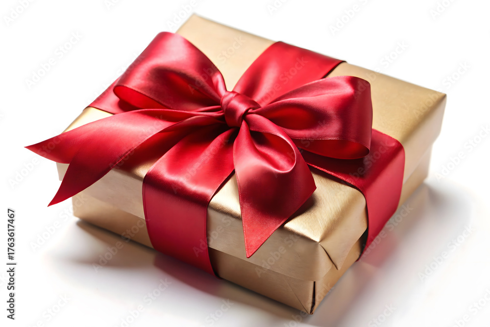 Obraz premium A golden gift box with a red ribbon and bow, isolated on white background