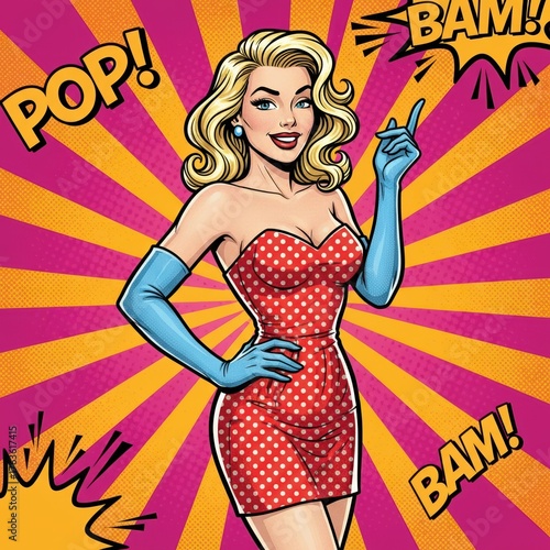 Vibrant Retro Pop Art Woman in Polka Dot Dress with Expressive Background and Comic Book Style Elements