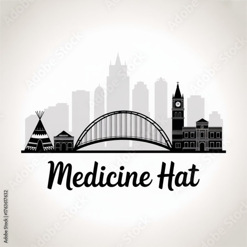 ‎Medicine Hat Alberta Skyline Silhouette — Historic Canadian Prairie City by the South Saskatchewan River Vector Illustration