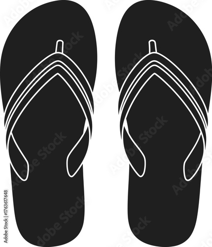 A pair of black flip flops with white straps on a white background